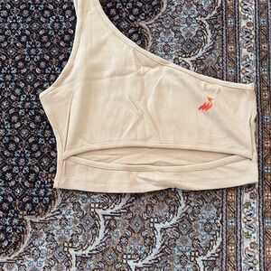 Beige Ribbed Top with Red and Orange Logo